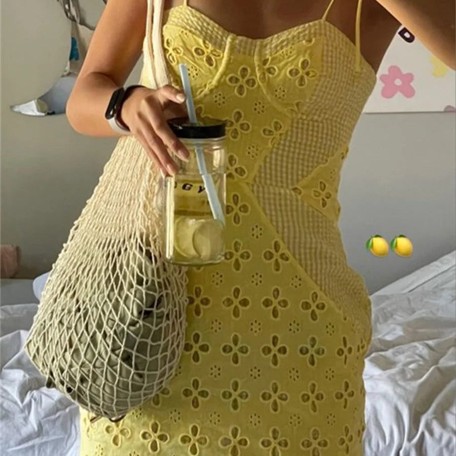 LAURIE Yellow Floral Cut Out Lace Tie Up Bodycon Mini Dress