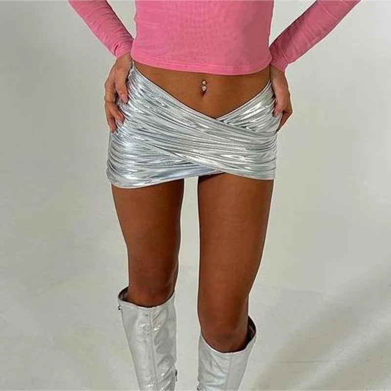 CUIT Pu Metallic Shine Wrap Mini Micro Skirt