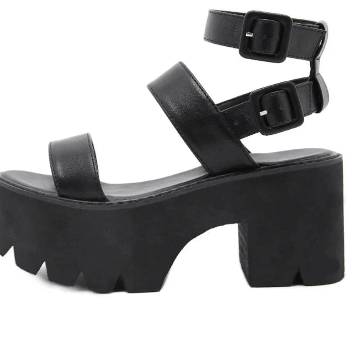 VOLIA Black Chunky Heel Strap Sandals