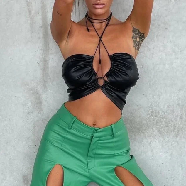 RIYRIY Pu Black Leather Lace Up Halter Crop Top