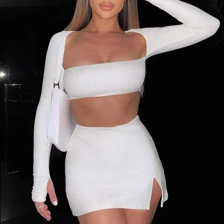 GINA Co Ord Long Sleeve Bandage Crop Top And Slit Skirt Set