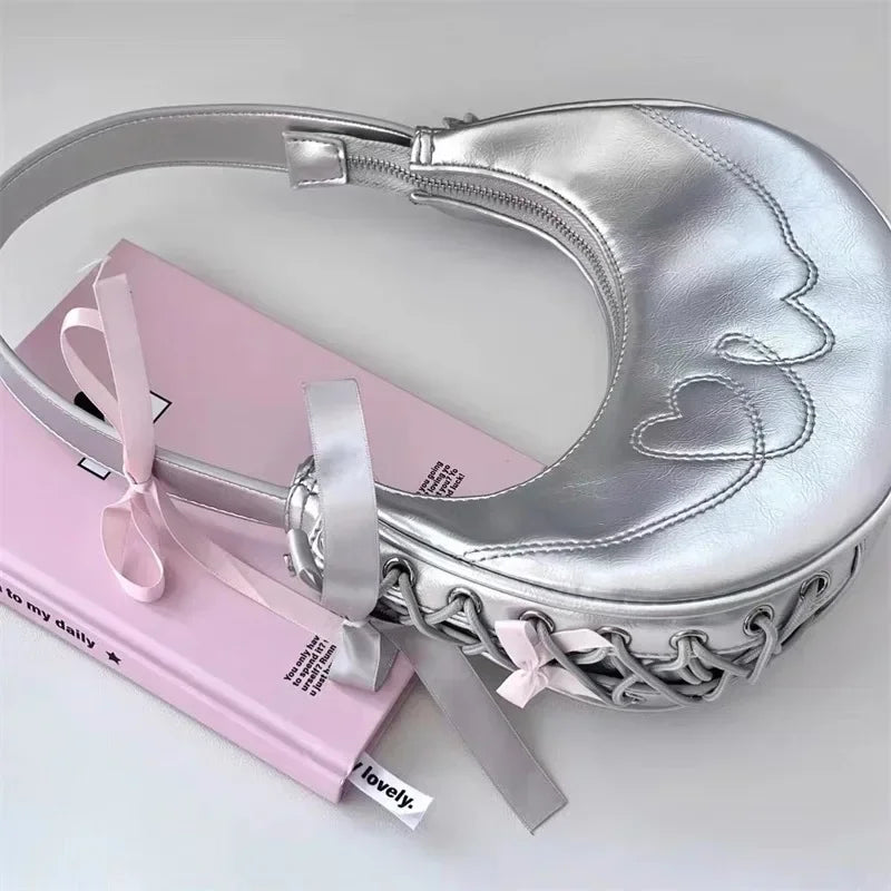 BOMBA Y2K Vintage Silver Shoulder Half Moon Bag