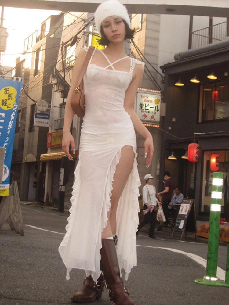 SUKKYE Clothes Sleeveless Spaghetti Strap White Beach Cover Up Maxi Dress