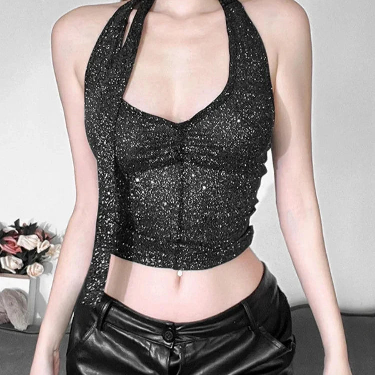 SADEEI Sparkle Halter Top Black