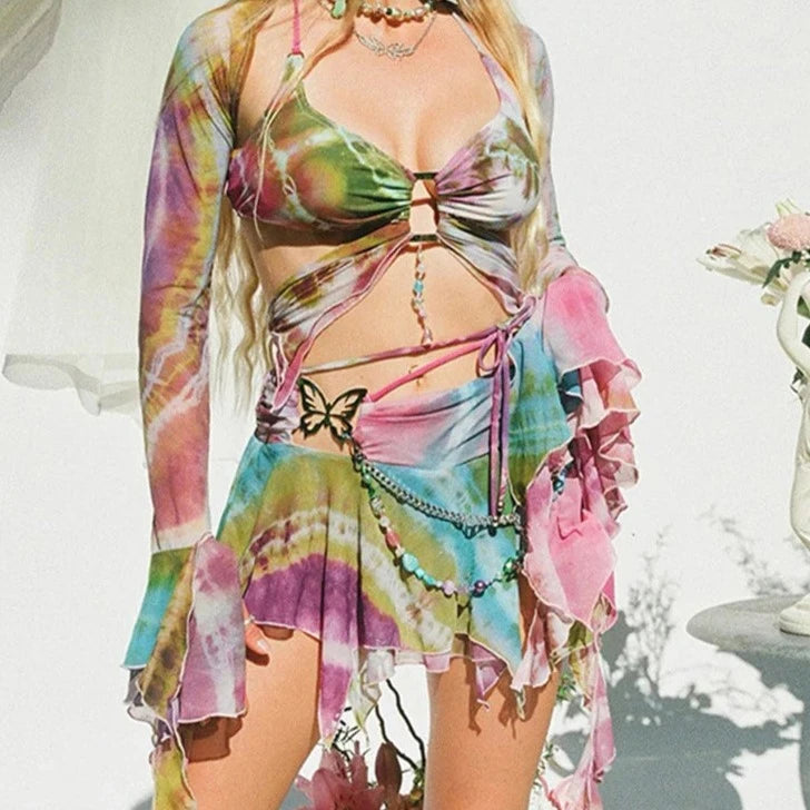 KLAUDIA Mesh Butterfly Crop Top And Mini Skirt Tie Dye Y2K Set