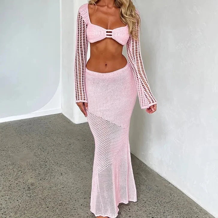 DIANA Crochet Knit Crop Top And Maxi Skirt Co Ord Set