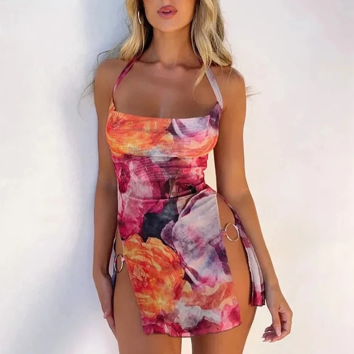 EINA Halter Side Split Flower Mini Dress