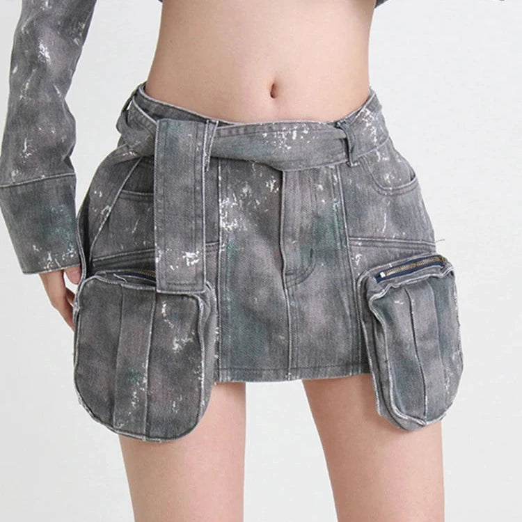 ERANDA Camouflage Muti-Pockets Zipper A Line Y2K Mini Skirt
