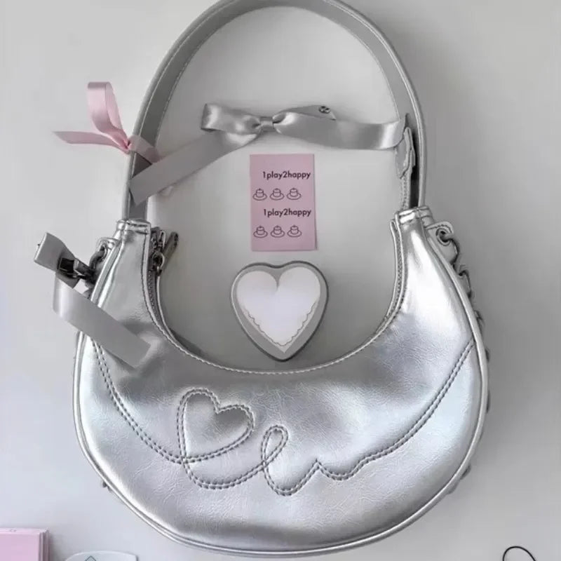 BOMBA Y2K Vintage Silver Shoulder Half Moon Bag