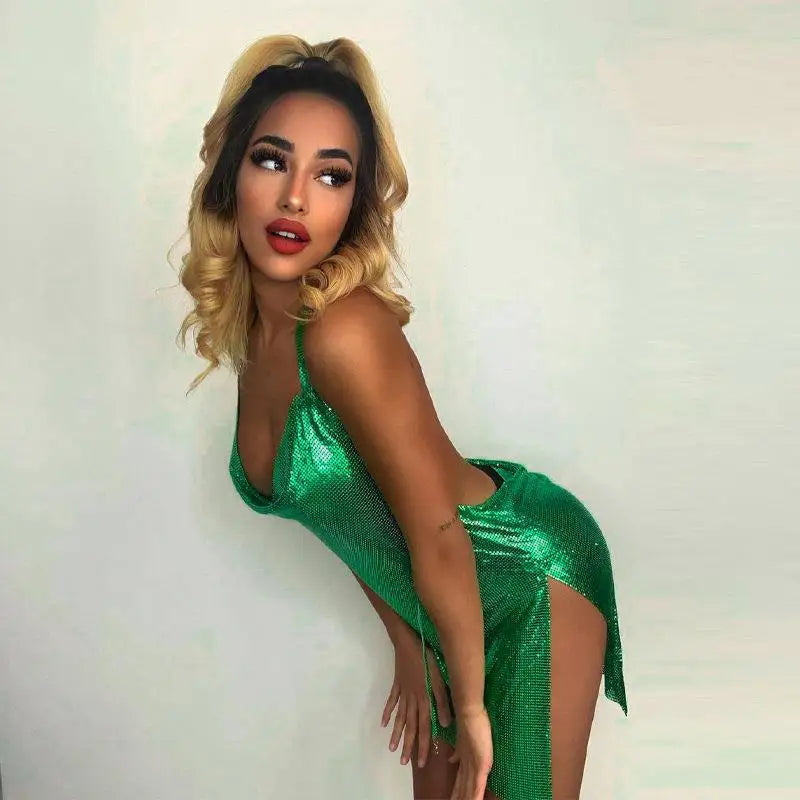 AIYAN Backless Metallic Mesh Luxe Split Mini Dress