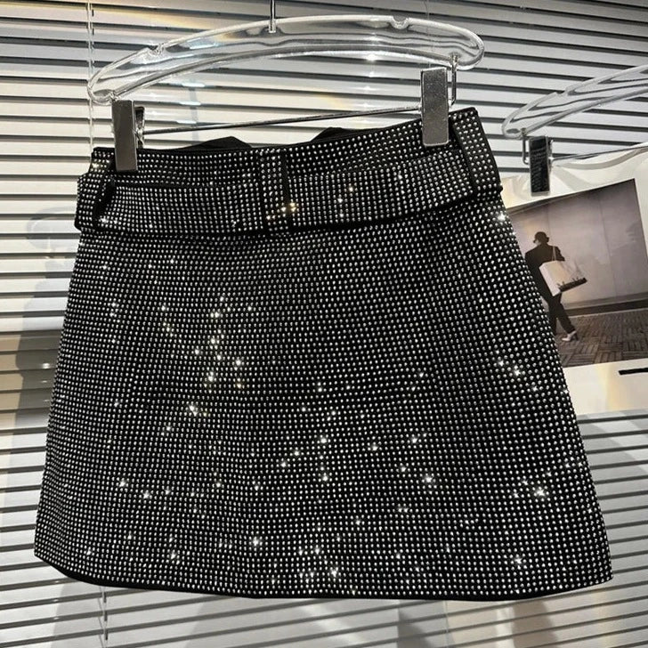 DAIA Shiny Rhinestone Strapless Mini Skirt And Crop Top Set