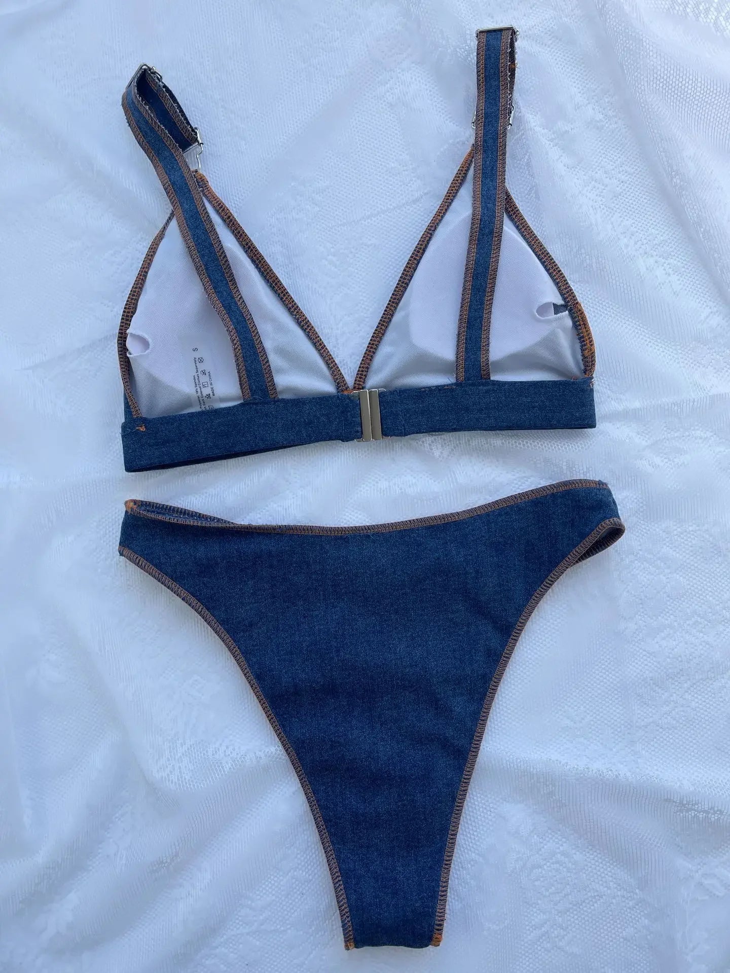 VALEY Denim Blue Thong Hight Waist Bikini