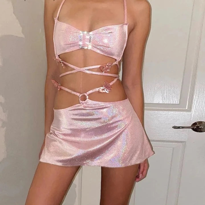 JAINA Pink Y2K Shiny Top And Mini Skirt Co Ord Set