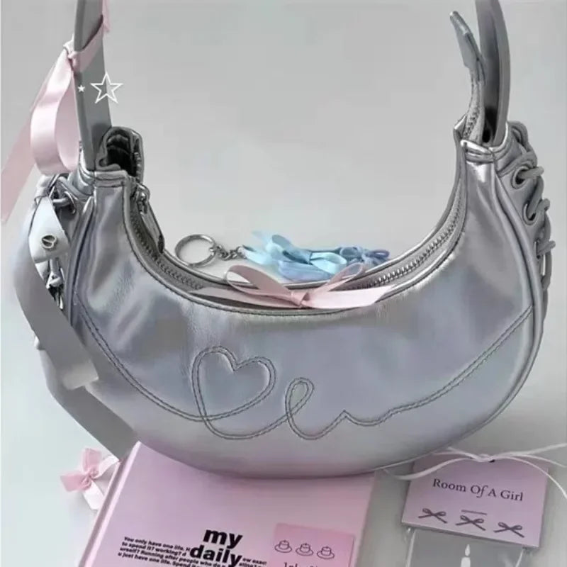 BOMBA Y2K Vintage Silver Shoulder Half Moon Bag