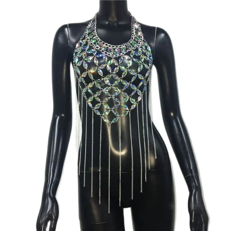 FELIA Shiny Gems Sequins Tassel Crop Top