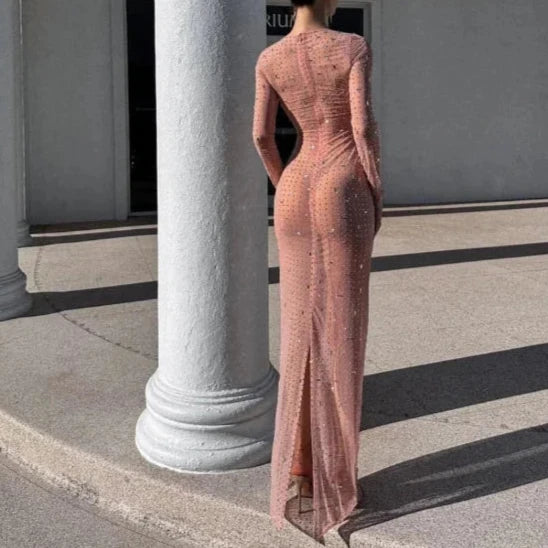 IVY Sheer Mesh Split Sparkle Rhinestone Long Sleeve Maxi Dress