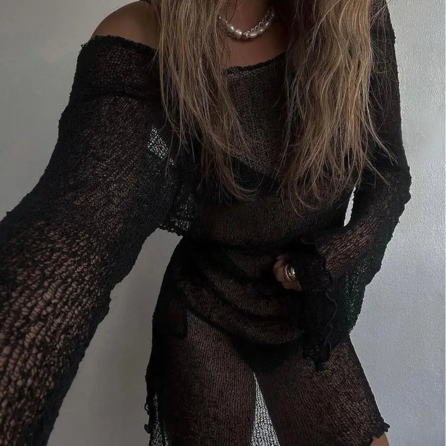 YULIYANNA Bikini Cover Up See-Through Long Sleeve Backless Beach Knitted Mini Dress