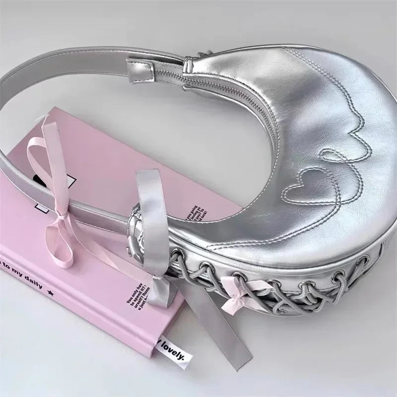 BOMBA Y2K Vintage Silver Shoulder Half Moon Bag