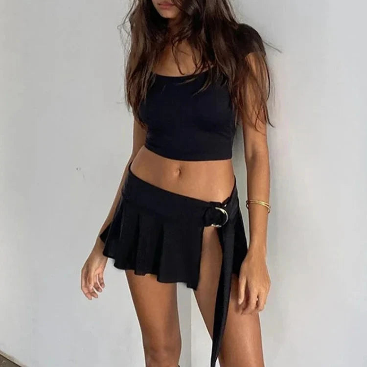 WILAL Y2K Black Backless Crop Top Mini Split Skirt Two Piece Set