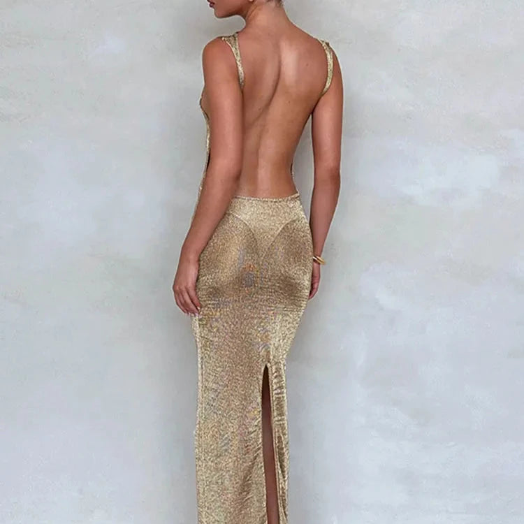 FREYA Elegant Gold Sparkle Low Back Maxi Dress