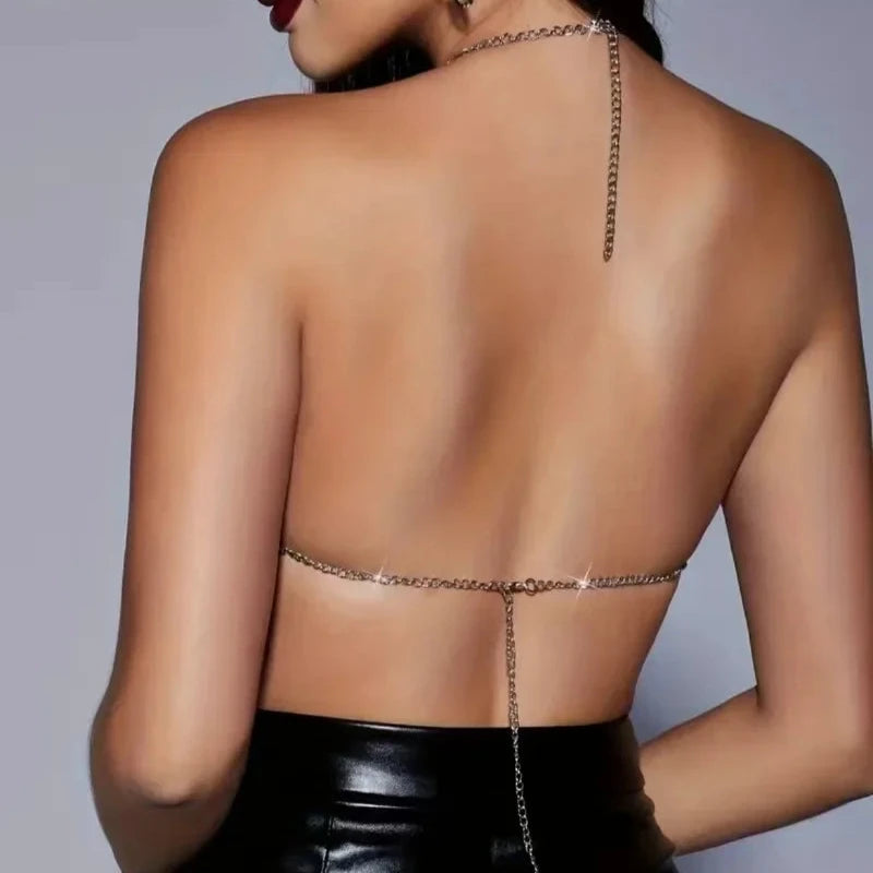 AQUILLAR Halter Backless Metal Chain Rhinestones Crop Top