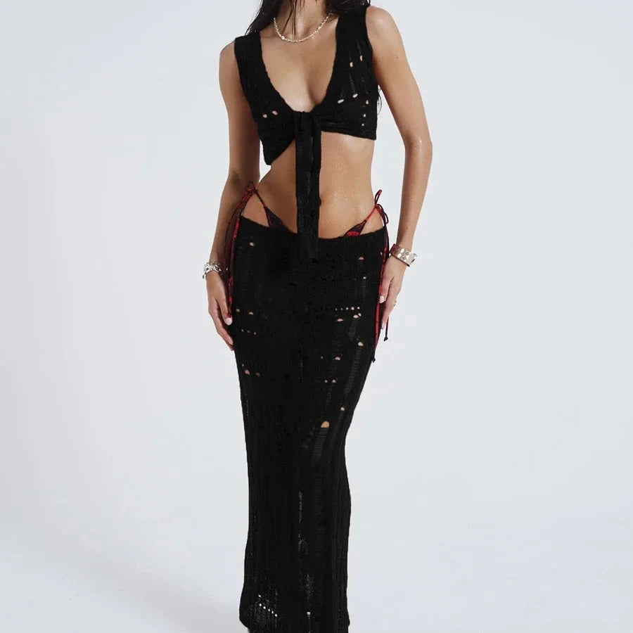 SABELLA Bikini Cover Up 2 Piece Knitted Crop Top and Elastic Low Waist Long Skirt Set