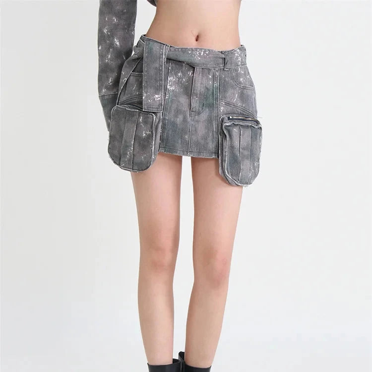 ERANDA Camouflage Muti-Pockets Zipper A Line Y2K Mini Skirt