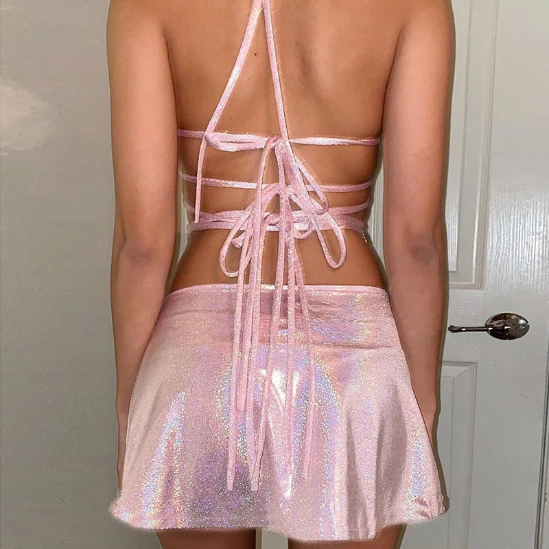 JAINA Pink Y2K Shiny Top And Mini Skirt Co Ord Set