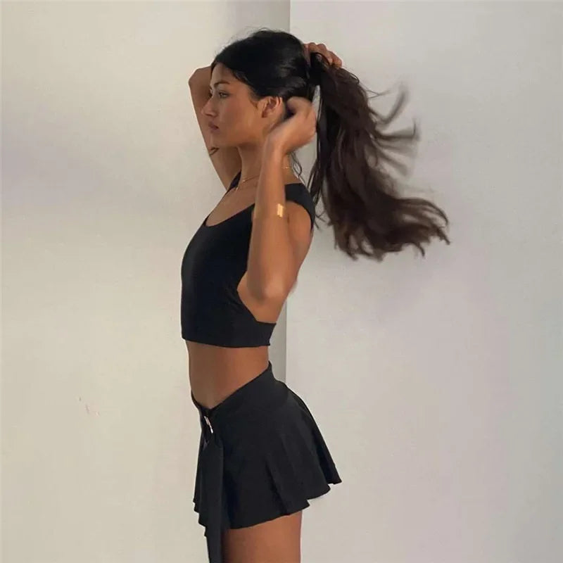 WILAL Y2K Black Backless Crop Top Mini Split Skirt Two Piece Set