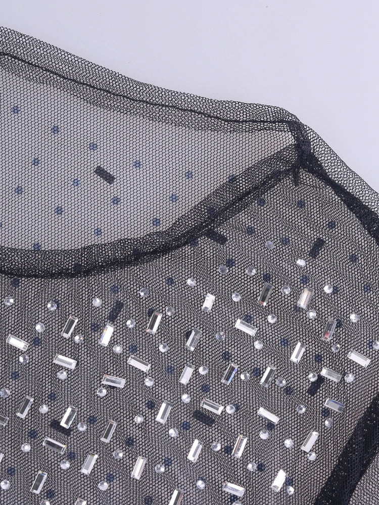 IVY Sheer Mesh Split Sparkle Rhinestone Long Sleeve Maxi Dress