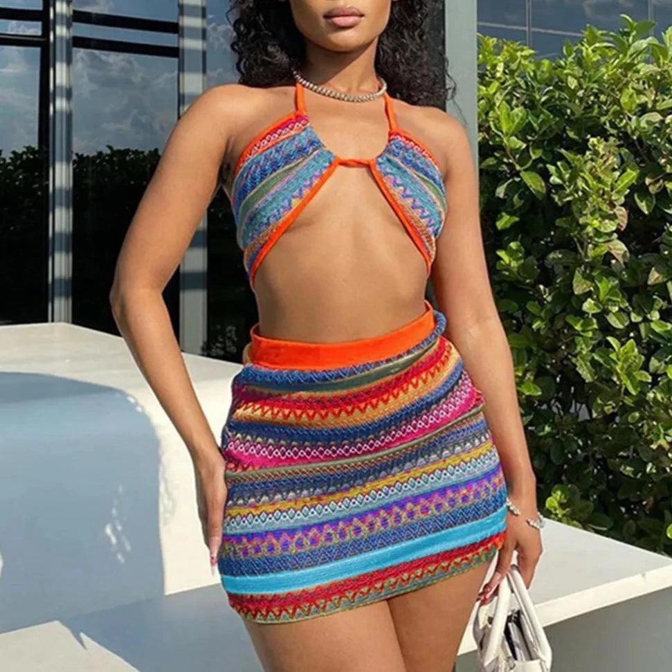 WALLA Striped Halter Knit Crochet Top And Mini Skirt Set