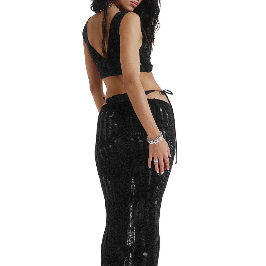 SABELLA Bikini Cover Up 2 Piece Knitted Crop Top and Elastic Low Waist Long Skirt Set