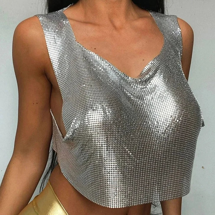VOLIA Metal Sequin Y2K Crop Top