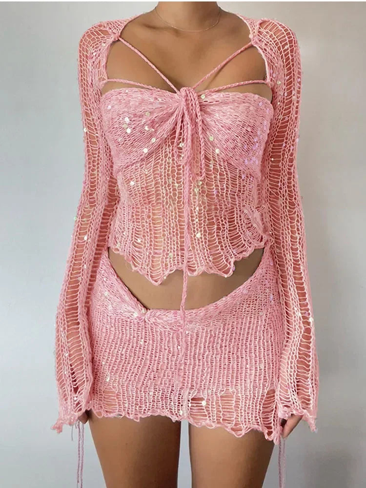 BELLA Sequin Crochet Knit Long Sleeve Crop Top Mini Skirt Co Ord Set