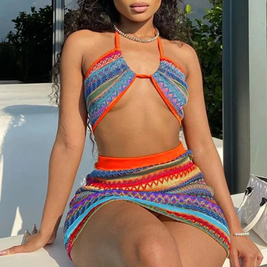 WALLA Striped Halter Knit Crochet Top And Mini Skirt Set