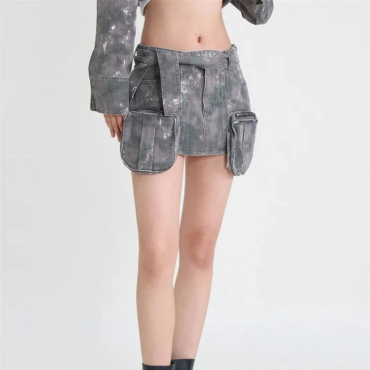 ERANDA Camouflage Muti-Pockets Zipper A Line Y2K Mini Skirt