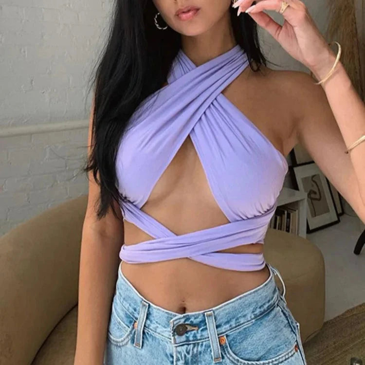 LILOW Strappy Cross Over Front Cut Out Halter Neck Crop Top