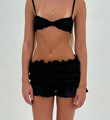 YOLLI Ruffle Beach Ruched Co Ord Skirt Crop Top Set