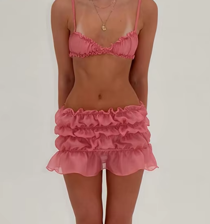 YOLLI Ruffle Beach Ruched Co Ord Skirt Crop Top Set