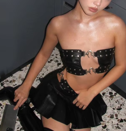 WANDA PU Y2K Backless Crop Top V Shape Pleated Mini Skirt Co Ord Set