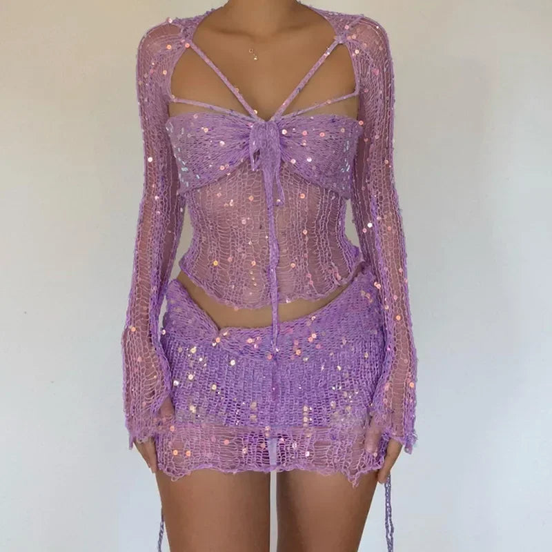 BELLA Sequin Crochet Knit Long Sleeve Crop Top Mini Skirt Co Ord Set