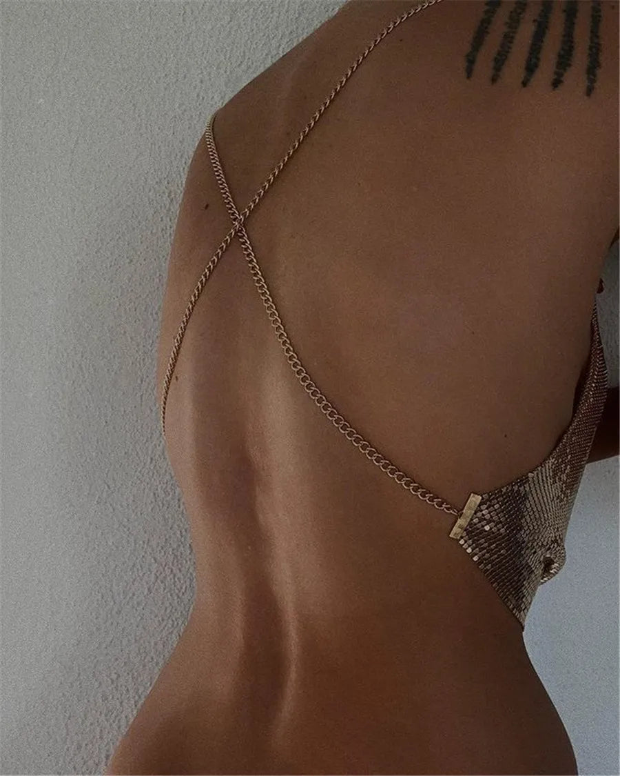 LAYERRA Metallic Coin Mesh Sequins Party Halterneck Crop Top