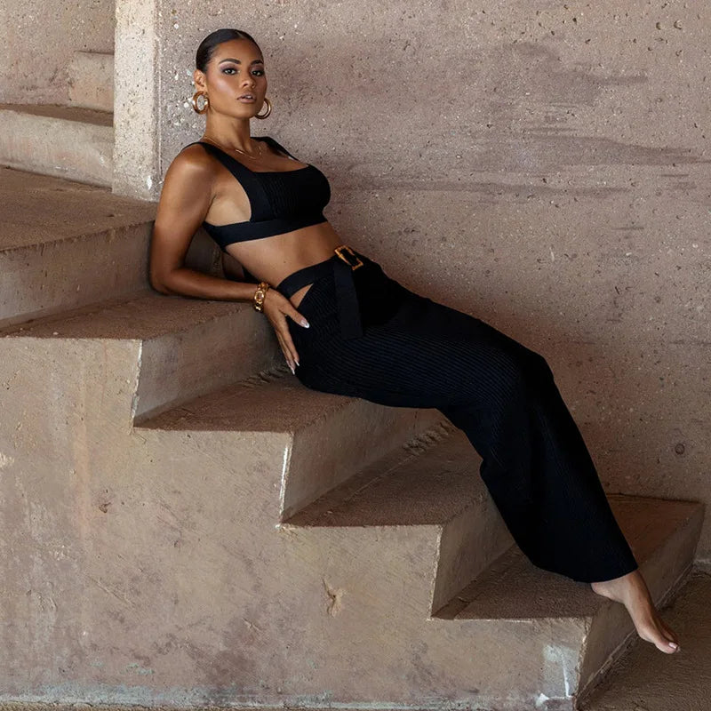 MELIA Maxi Knit Co Ord Crop Top And Belted Skirt