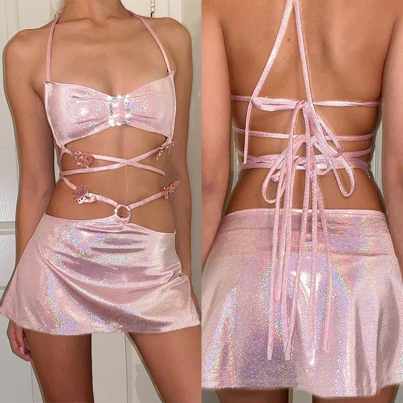 JAINA Pink Y2K Shiny Top And Mini Skirt Co Ord Set