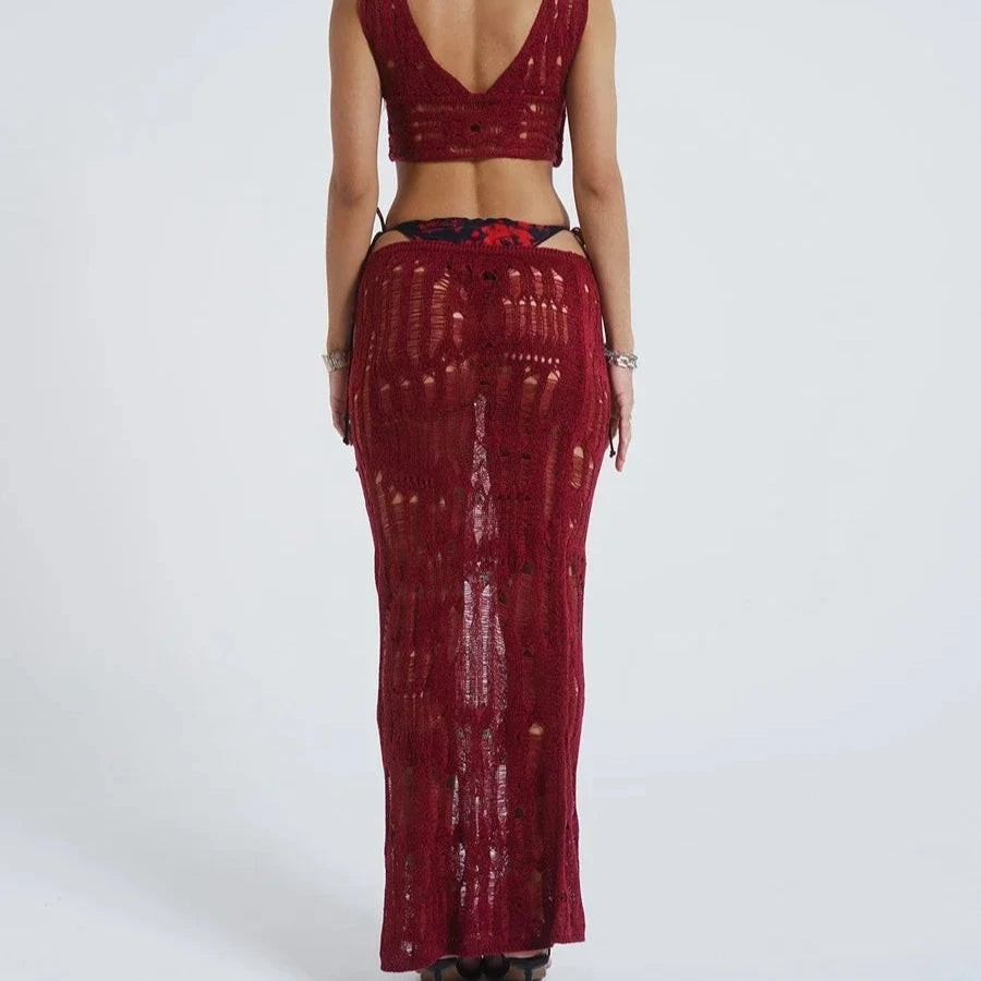 SABELLA Bikini Cover Up 2 Piece Knitted Crop Top and Elastic Low Waist Long Skirt Set