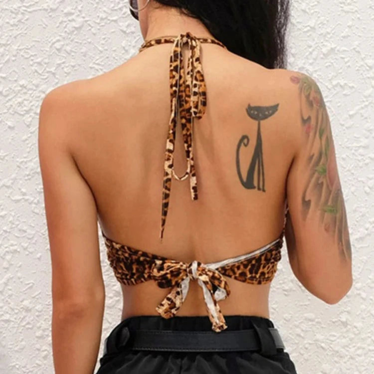 JESSI Leopard Printed O Ring Backless Halter Crop Top