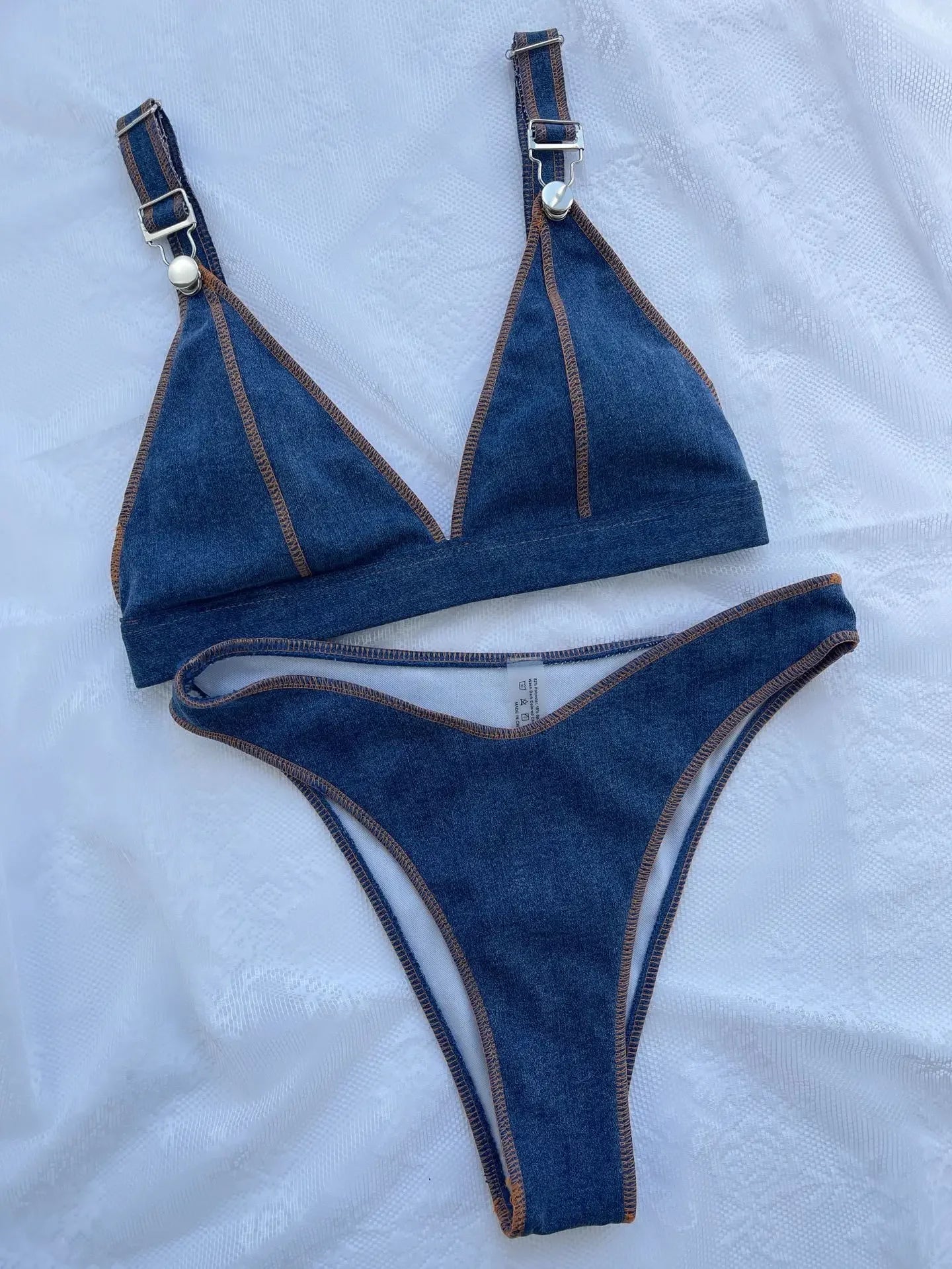 VALEY Denim Blue Thong Hight Waist Bikini