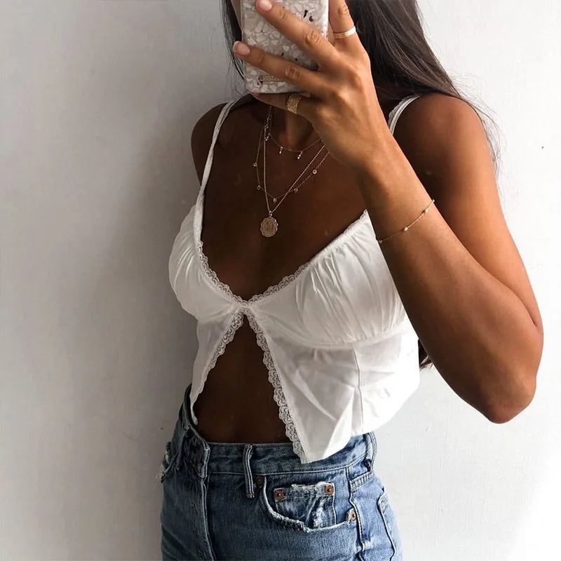 ELORIE Y2K V Front Strappy Lace Crop Tops
