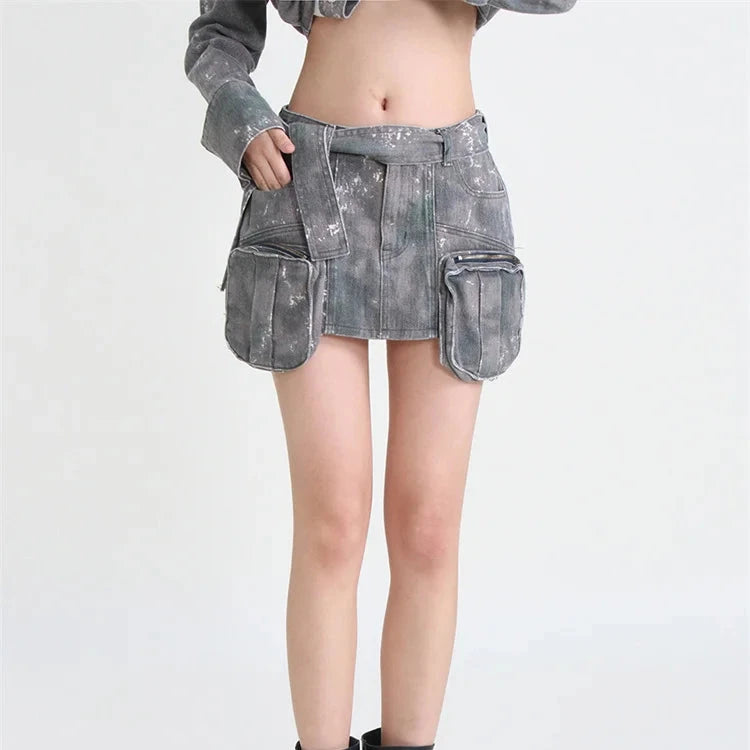ERANDA Camouflage Muti-Pockets Zipper A Line Y2K Mini Skirt