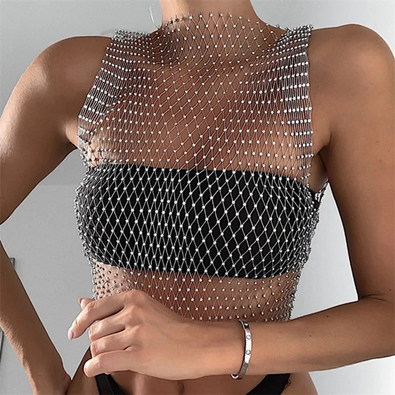HONIA Fishnet Rhinestone Mesh Crop Top